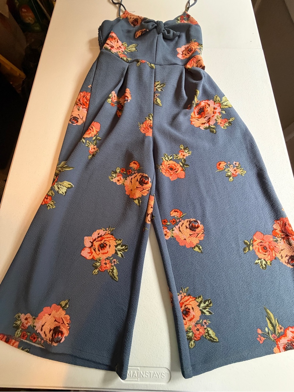 Eyeshadow Floral Wide-Leg Jumpsuit in Slate Blue with Orange Rose Print